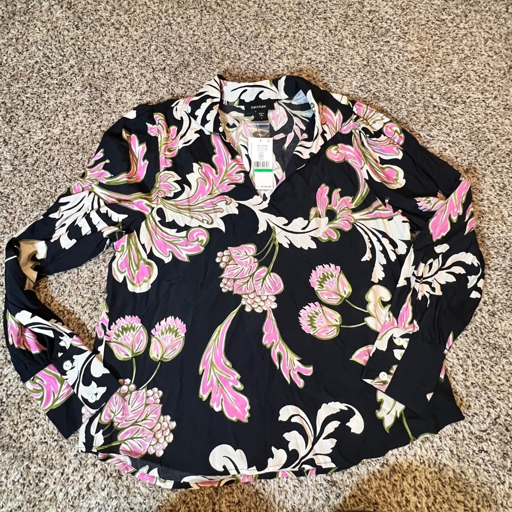Karen Kane Pink Shimmer Blouson Top Black Floral Viscose Blouse 4L16801 NWT L